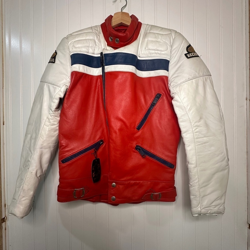 Vintage Honda Leather Motorcycle Racing Jacket‎ Red White Blue Mens Size 42